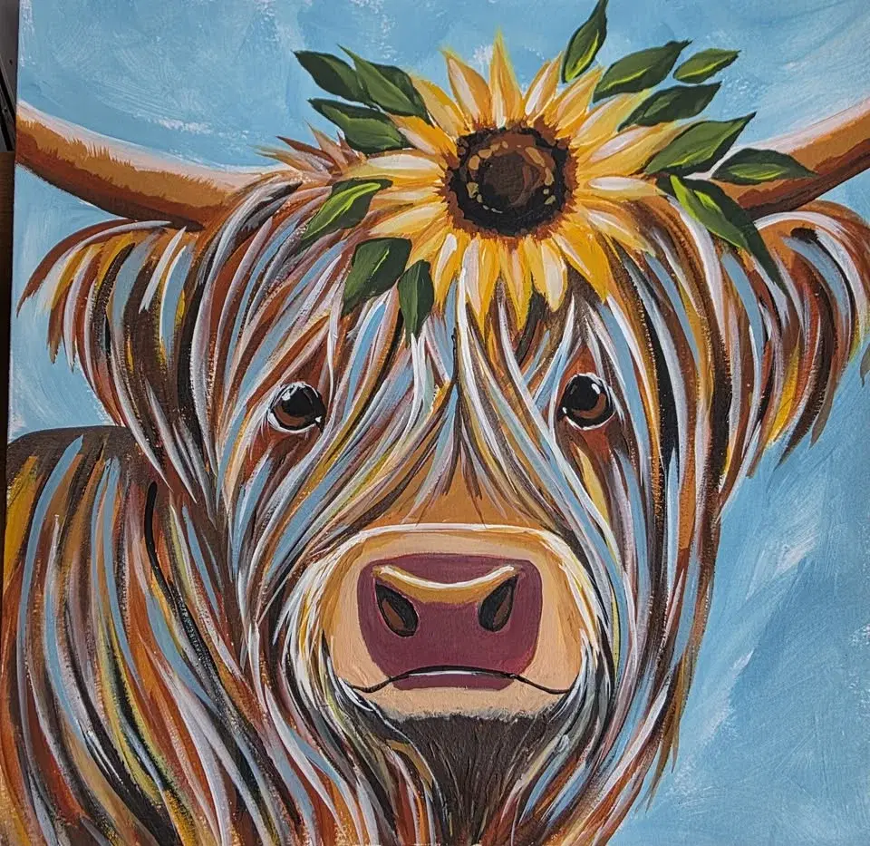 Chard Town Football Club, Paint & Prosecco Event! Sunflower Highland Cow