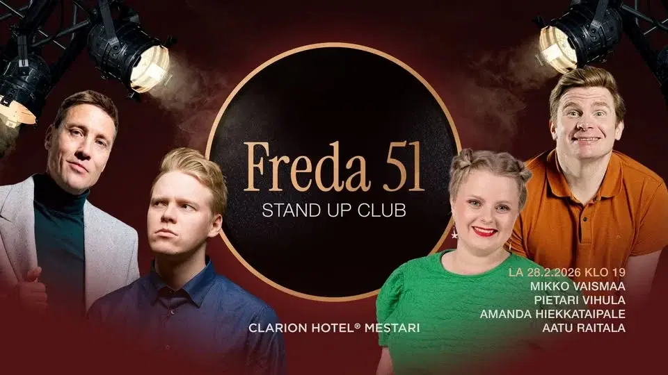 La 28.2. Freda 51 Stand Up Club: Mikko Vaismaa, Aatu Raitala, Pietari Vihula ja Amanda Hiekkataipale