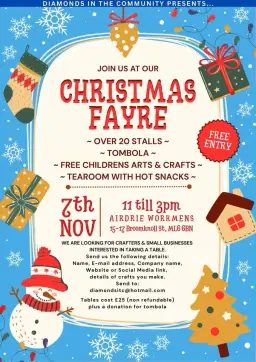 Christmas Fayre hosted by Diamonds in the Community at Airdrie Workmens Club 7th Nov 2026