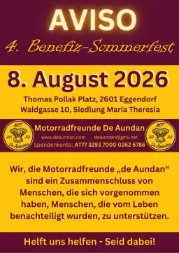 4. Benefiz-Sommerfest der Motorradfreunde „De Aundan“ am 8. August 2026