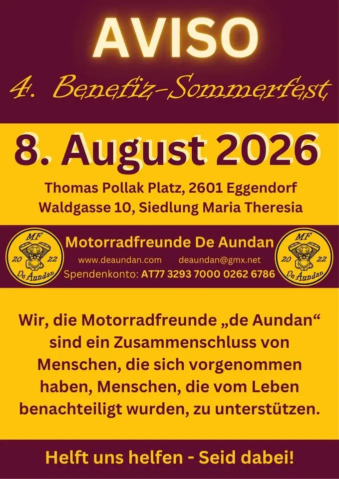 4. Benefiz-Sommerfest der Motorradfreunde „De Aundan“ am 8. August 2026